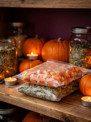 Generated still: sealed bags of candy corn